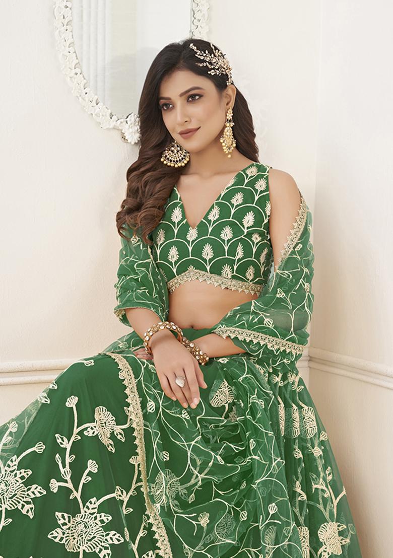 Pista Green Embroidery Net Lehenga Set - Indya