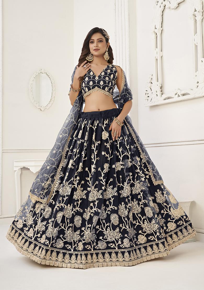 Black Embroidery Net Lehenga Set - Indya
