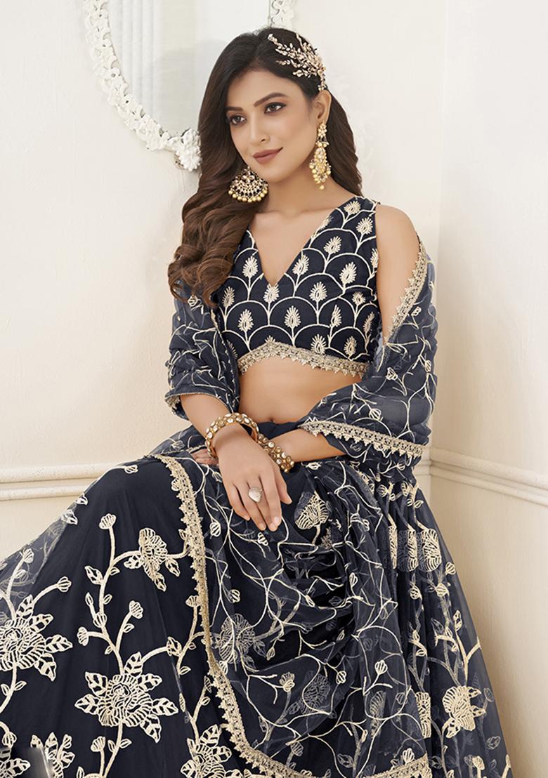 Black Embroidery Net Lehenga Set - Indya