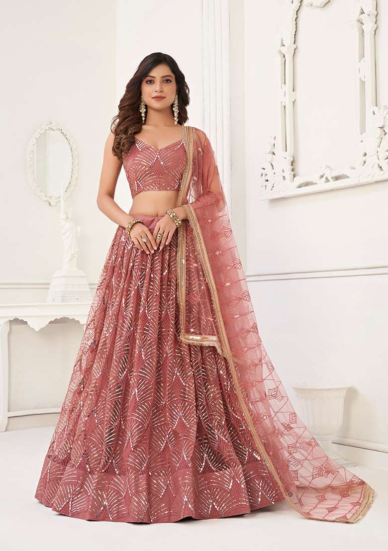 Dusty Onion Pink Embroidery Net Lehenga Set for Diwali and Festive Wear - Indya