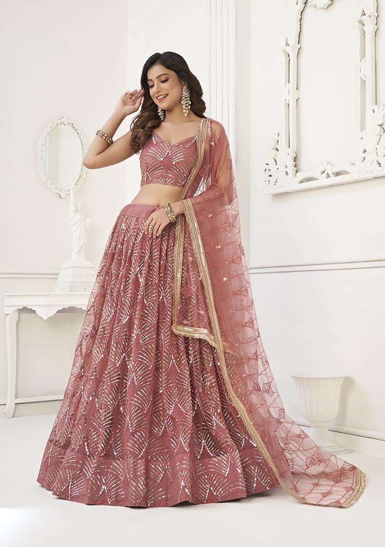 Dusty Onion Pink Embroidery Net Lehenga Set - Indya