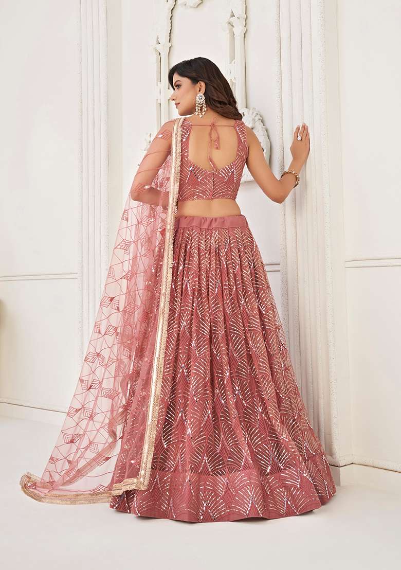 Dusty Onion Pink Embroidery Net Lehenga Set for Diwali and Festive Wear - Indya