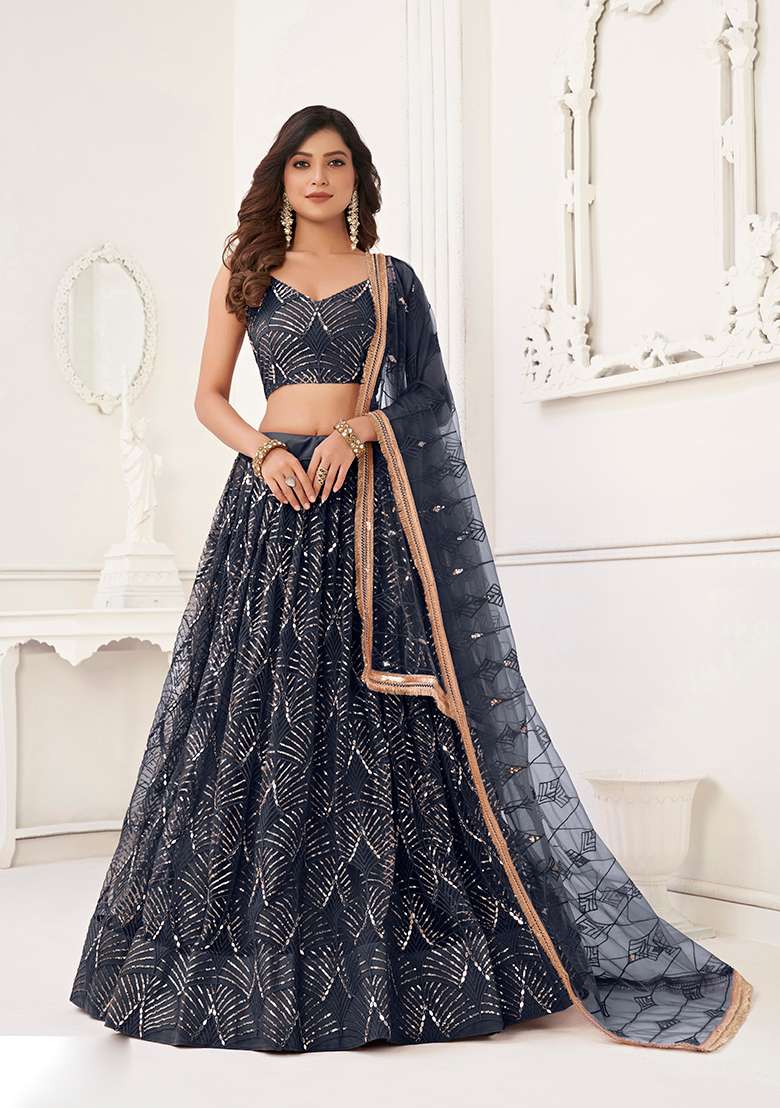 Black Embroidery Net Lehenga Set for Diwali and Festive Wear - Indya
