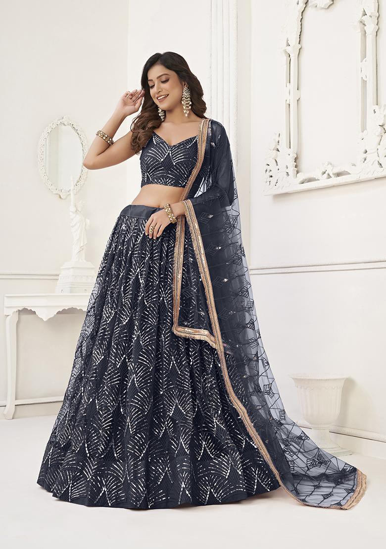 Black Embroidery Net Lehenga Set - Indya