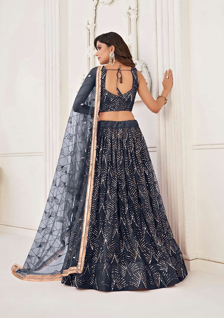 Black Embroidery Net Lehenga Set for Diwali and Festive Wear - Indya