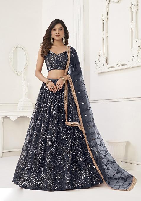 Black Embroidery Net Lehenga Set