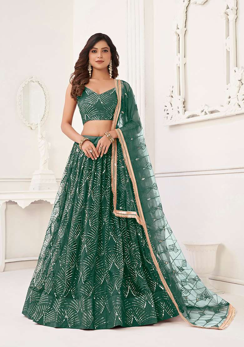 Bottle Green Embroidery Net Lehenga Set for Diwali and Festive Wear - Indya