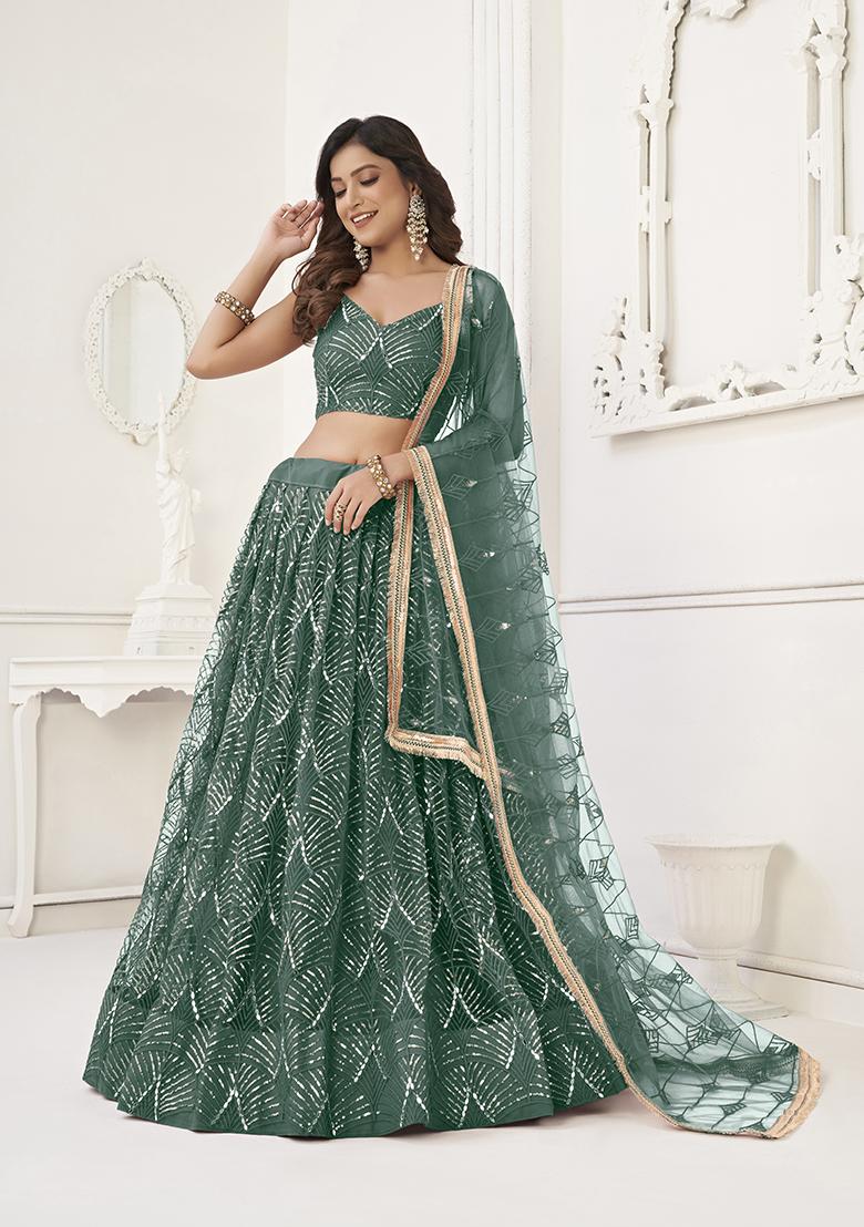 Bottle Green Embroidery Net Lehenga Set - Indya