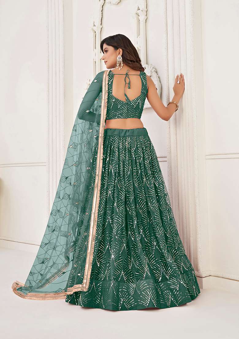 Bottle Green Embroidery Net Lehenga Set for Diwali and Festive Wear - Indya