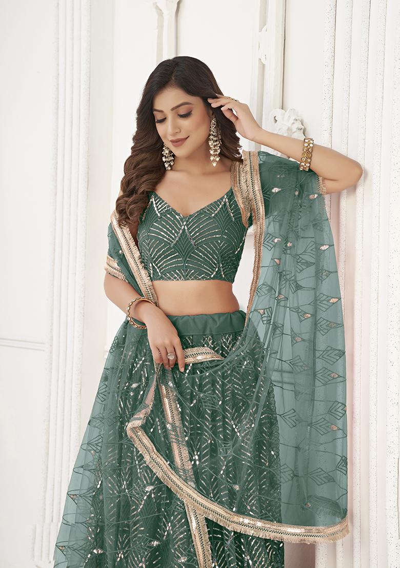 Bottle Green Embroidery Net Lehenga Set - Indya