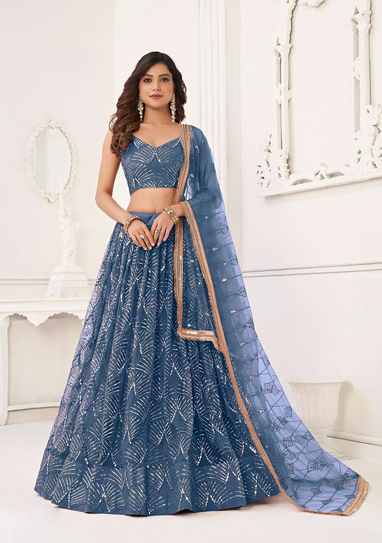 Morpeach Net Lehenga Set with Embroidery for Diwali | Wedding & Festive Wear - Indya