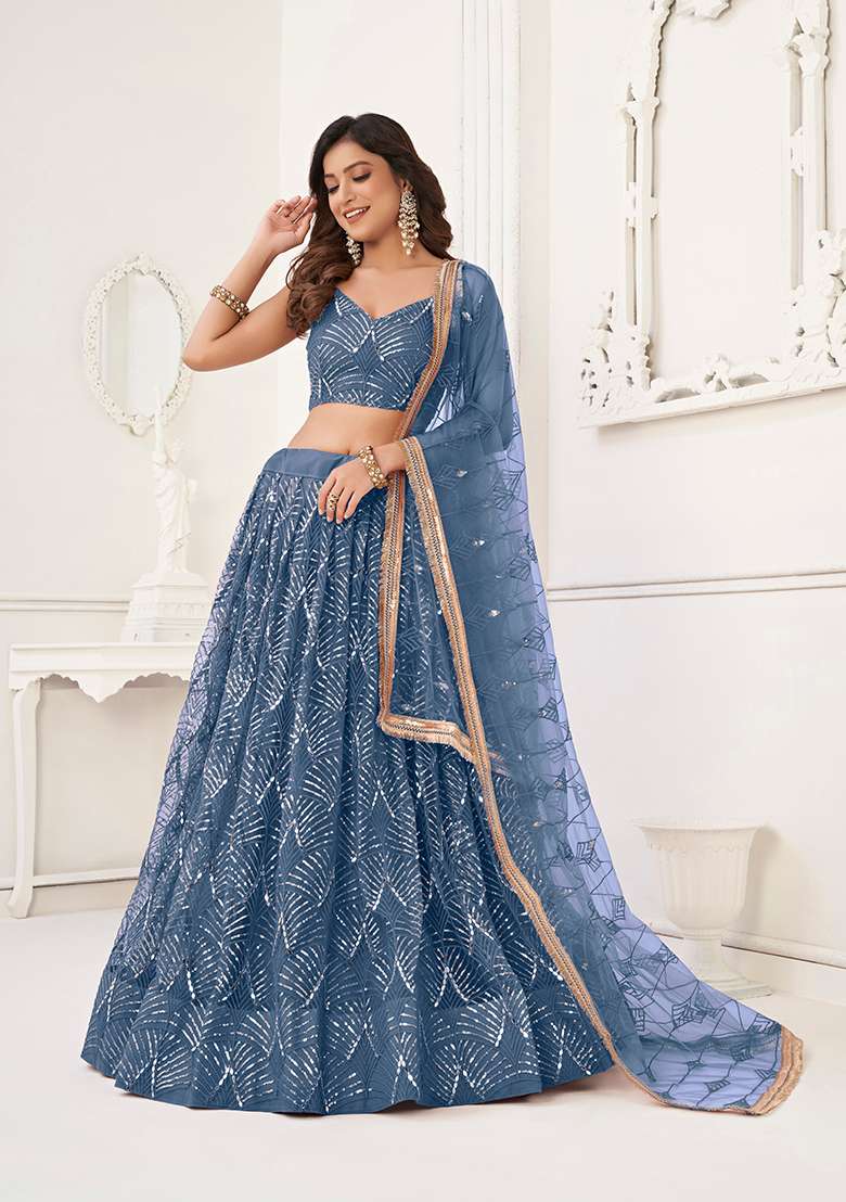 Morpeach Net Lehenga Set with Embroidery for Diwali | Wedding & Festive Wear - Indya