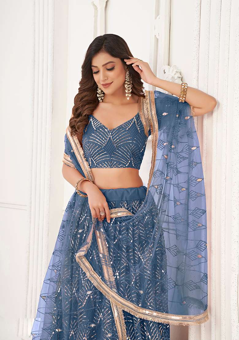 Morpeach Net Lehenga Set with Embroidery for Diwali | Wedding & Festive Wear - Indya