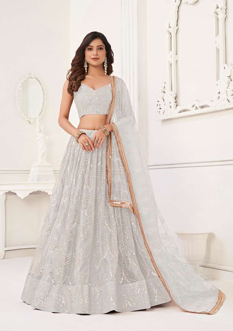 Off White Embroidery Net Lehenga Set for Diwali and Festive Wear - Indya