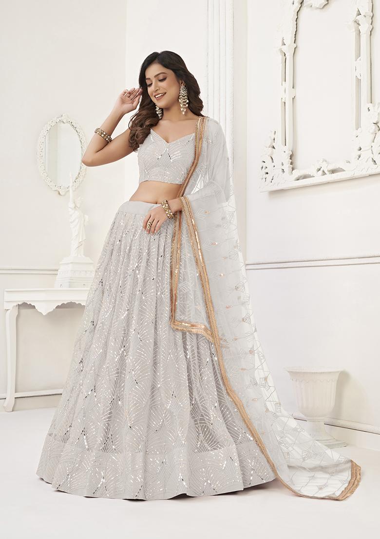 Off White Embroidery Net Lehenga Set - Indya