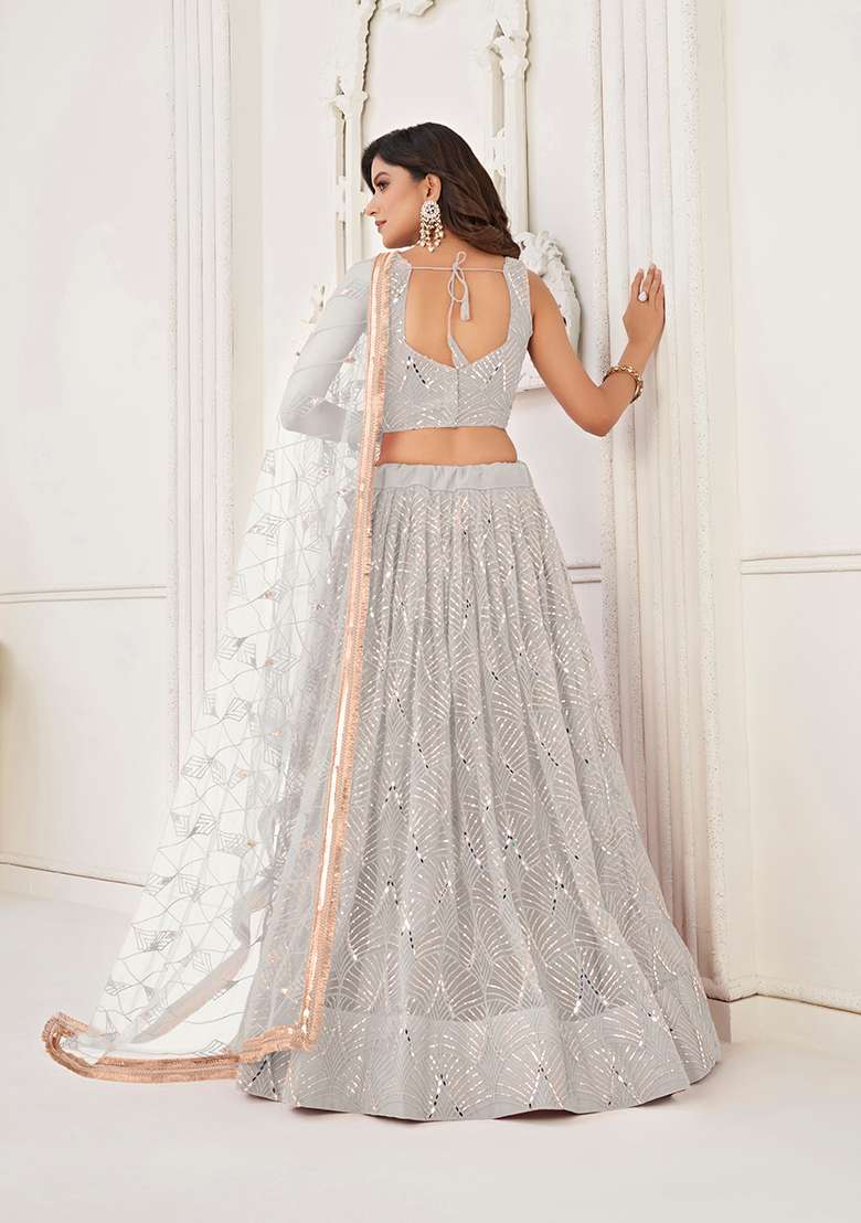 Off White Embroidery Net Lehenga Set for Diwali and Festive Wear - Indya