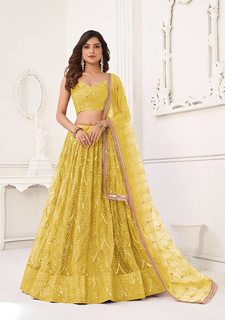 Yellow Embroidery Net Lehenga Set for Diwali and Festive Wear - Indya