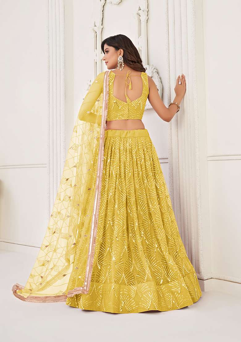 Yellow Embroidery Net Lehenga Set for Diwali and Festive Wear - Indya
