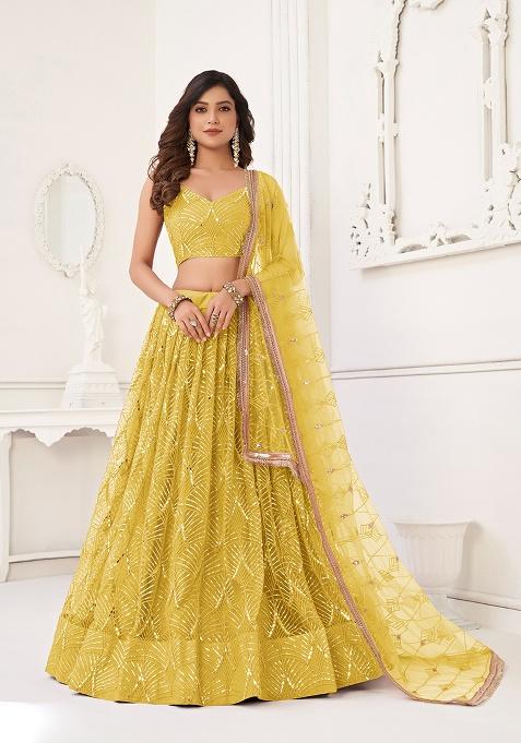 Yellow Embroidery Net Lehenga Set