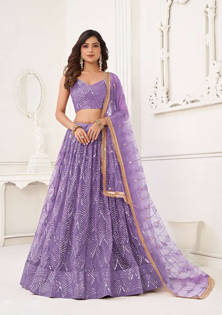 Lavender Net Lehenga Set with Embroidery for Diwali | Wedding & Festive Wear - Indya