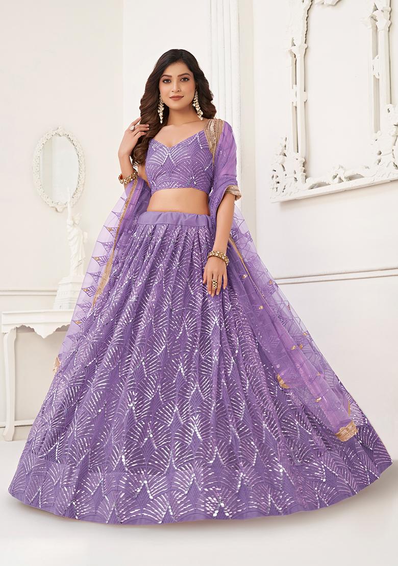Lavender Embroidery Net Lehenga Set - Indya