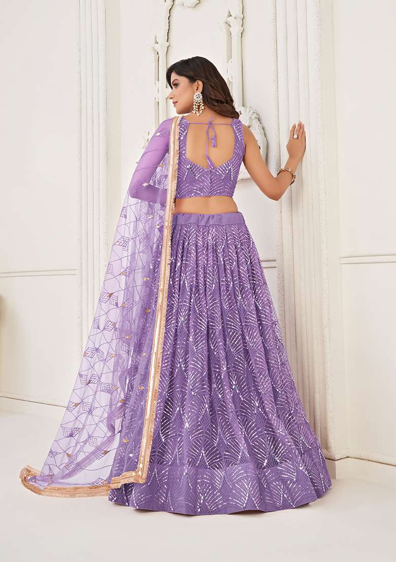 Lavender Net Lehenga Set with Embroidery for Diwali | Wedding & Festive Wear - Indya