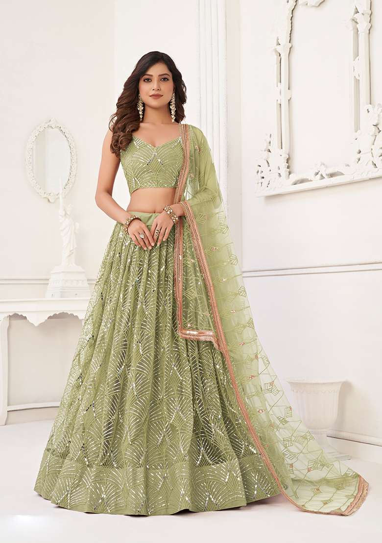 Pista Green Net Lehenga Set with Embroidery for Diwali | Wedding & Festive Wear - Indya
