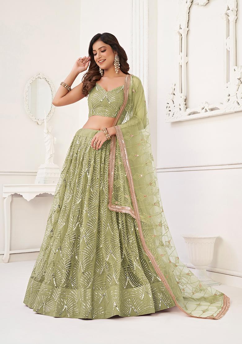 Pista Green Embroidery Net Lehenga Set - Indya