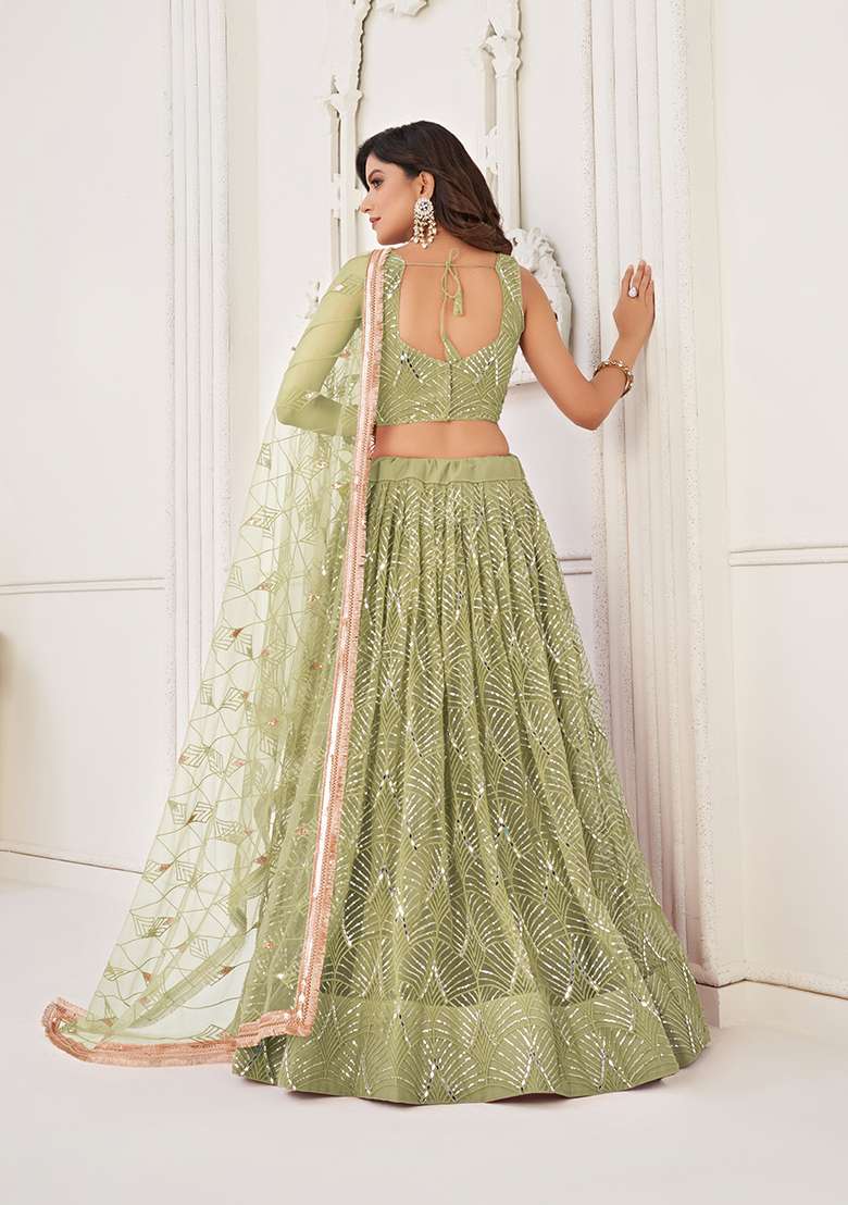 Pista Green Net Lehenga Set with Embroidery for Diwali | Wedding & Festive Wear - Indya