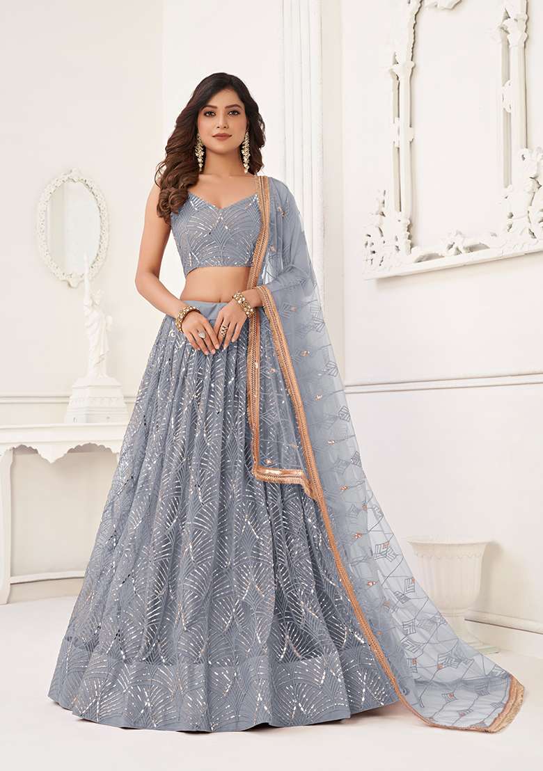Light Grey Embroidery Net Lehenga Set for Diwali and Festive Wear - Indya
