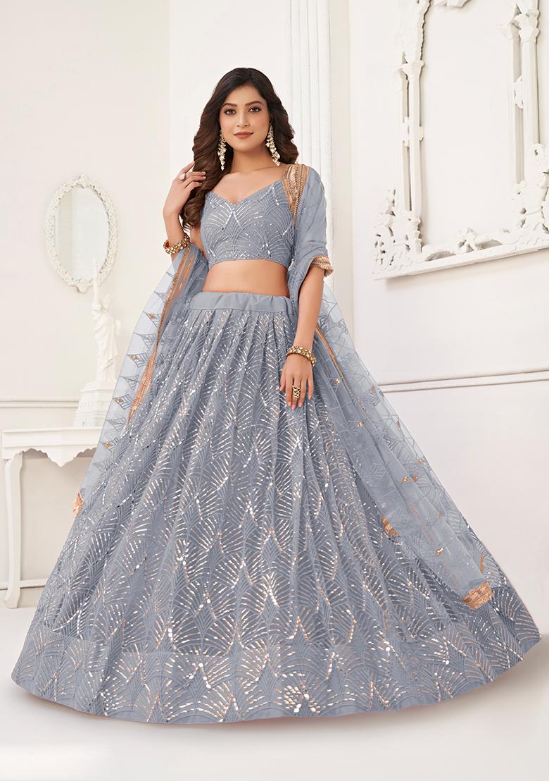 Light Grey Embroidery Net Lehenga Set - Indya