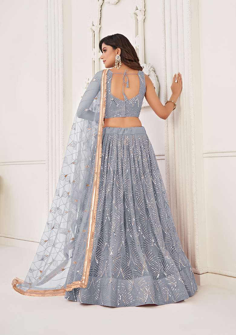 Light Grey Embroidery Net Lehenga Set for Diwali and Festive Wear - Indya