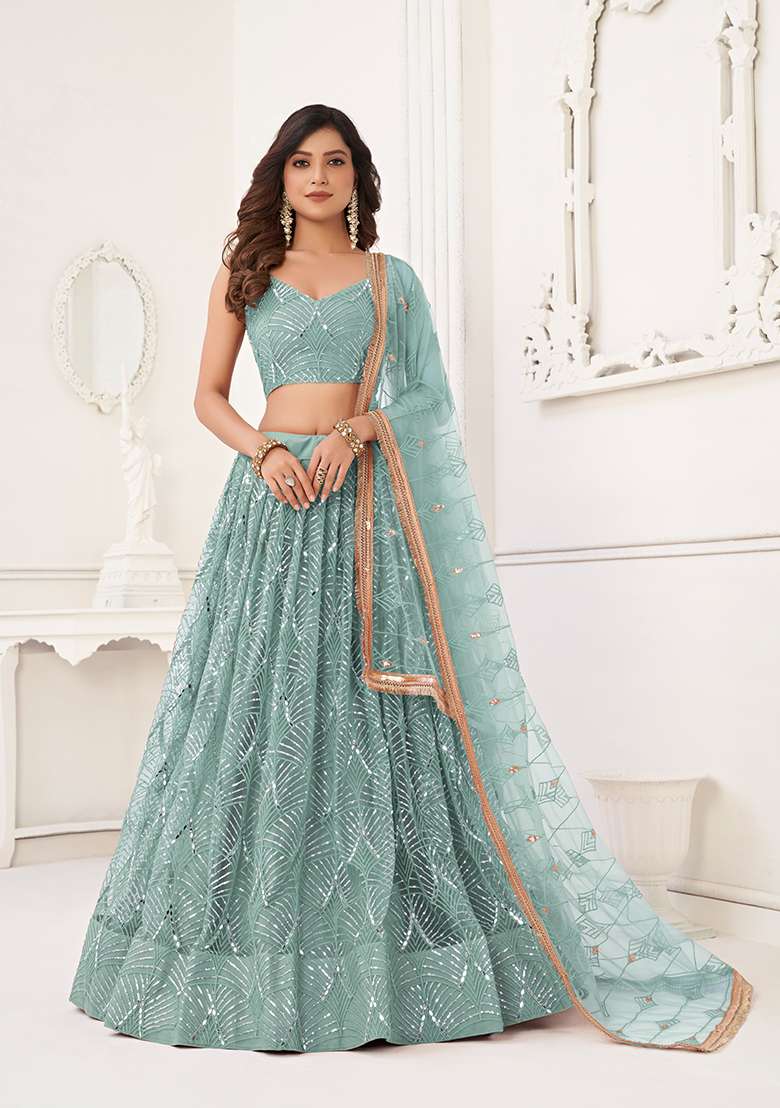 Ocean Blue Embroidery Net Lehenga Set for Diwali and Festive Wear - Indya