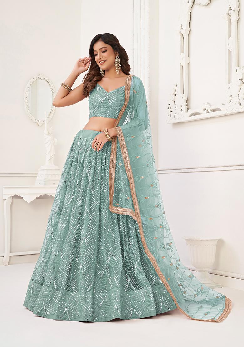 Ocean Blue Embroidery Net Lehenga Set - Indya