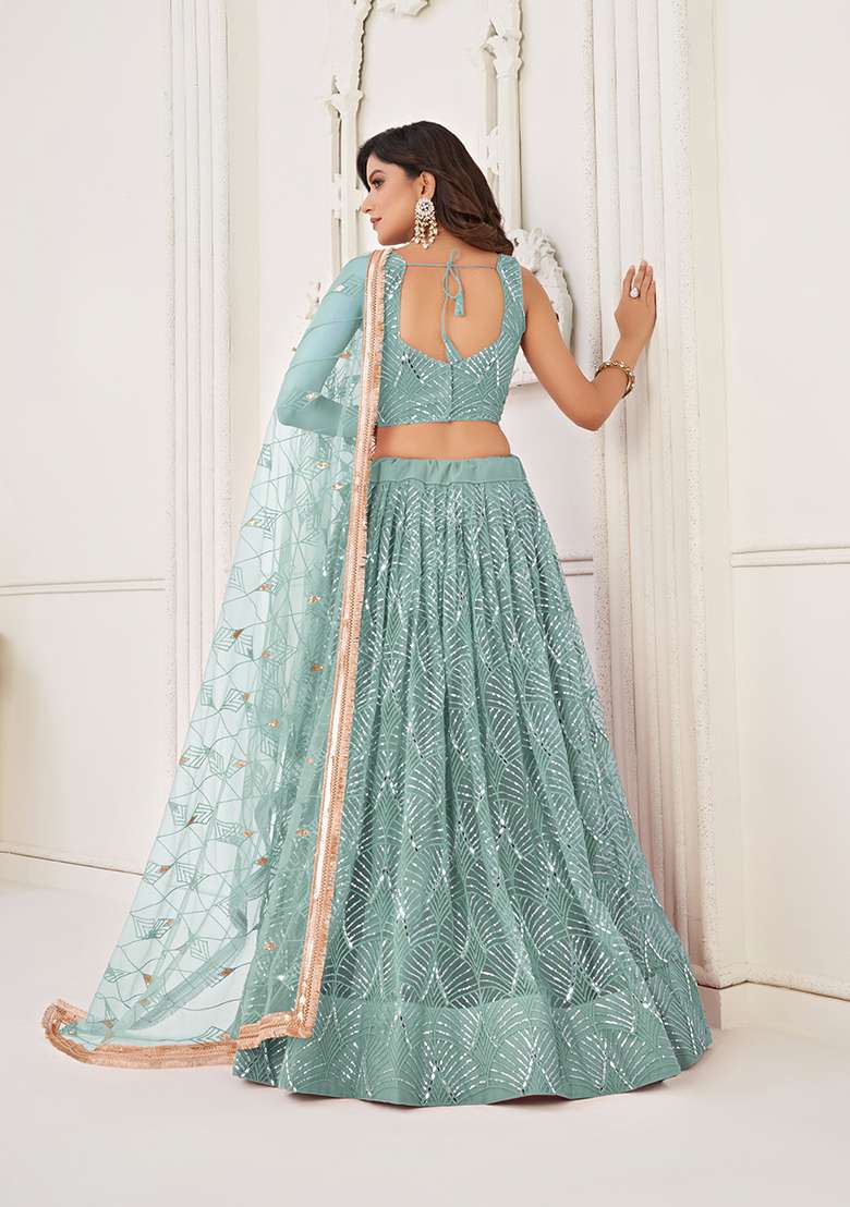 Ocean Blue Embroidery Net Lehenga Set for Diwali and Festive Wear - Indya