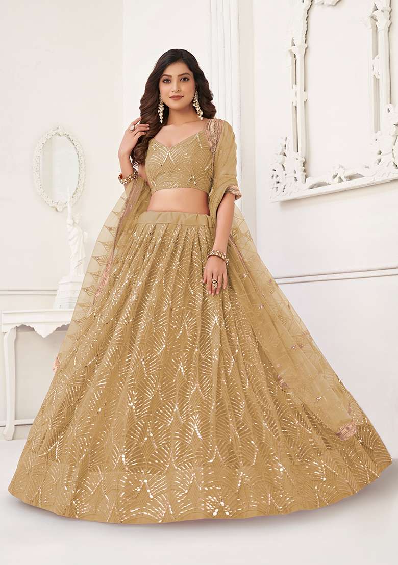 Chiku Net Lehenga Set with Embroidery for Diwali | Wedding & Festive Wear - Indya