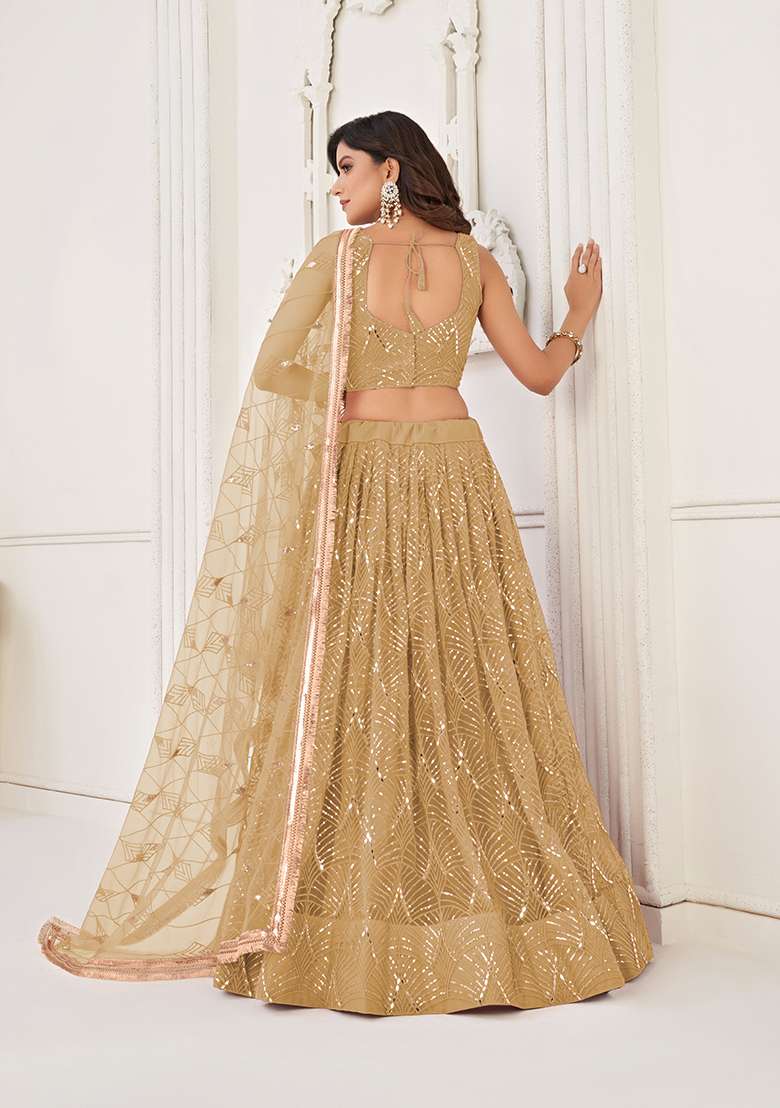 Chiku Net Lehenga Set with Embroidery for Diwali | Wedding & Festive Wear - Indya