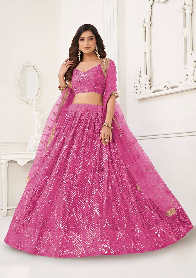 Pink Net Lehenga Set with Embroidery for Diwali | Wedding & Festive Wear - Indya