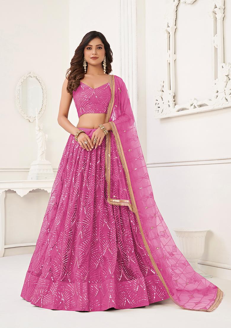 Pink Embroidery Net Lehenga Set - Indya