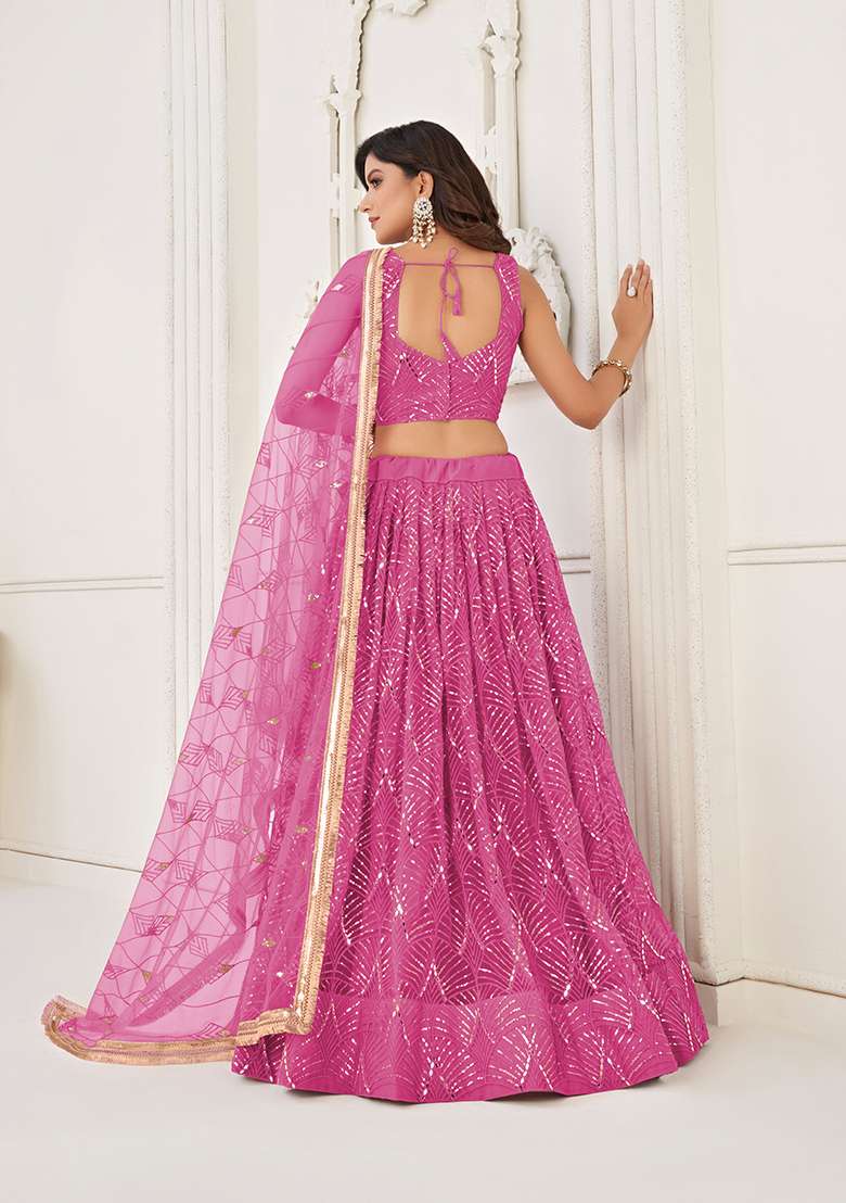 Pink Net Lehenga Set with Embroidery for Diwali | Wedding & Festive Wear - Indya