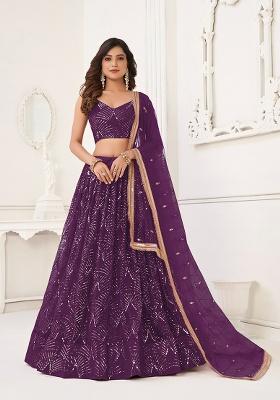 Wine Embroidery Net Lehenga Set