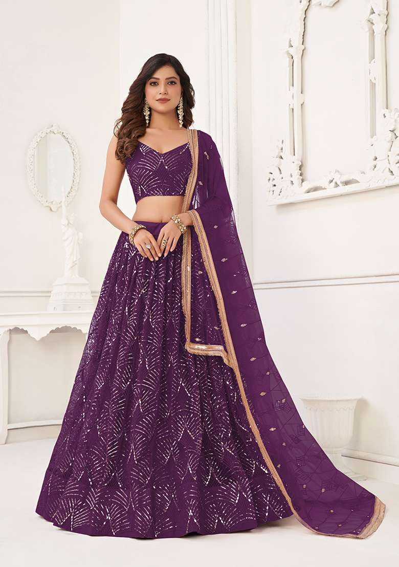 Wine Net Lehenga Set with Embroidery for Diwali | Wedding & Festive Wear - Indya