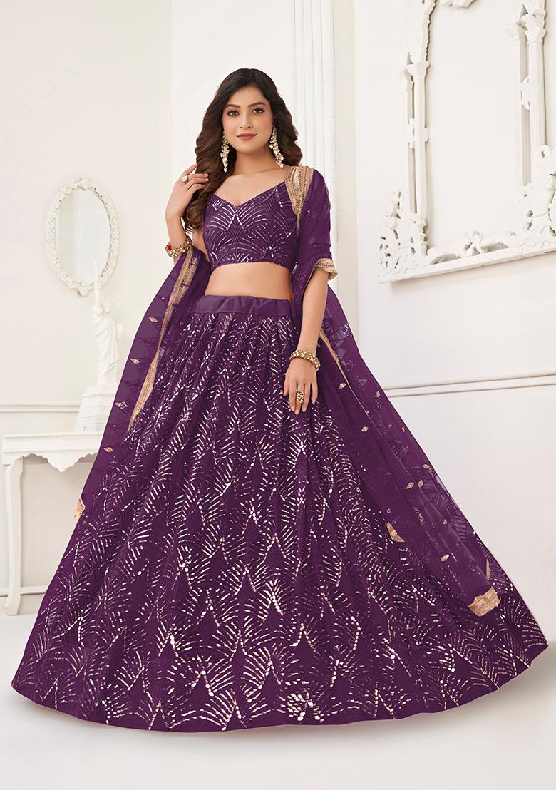 Wine Embroidery Net Lehenga Set - Indya