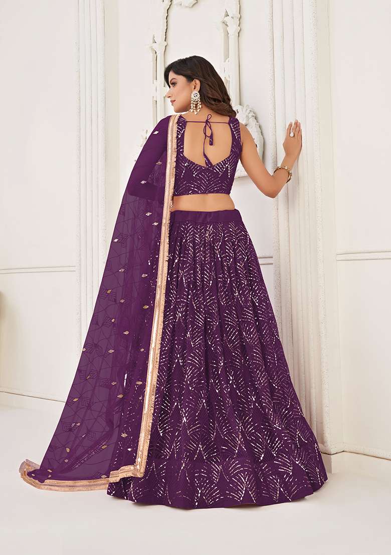 Wine Net Lehenga Set with Embroidery for Diwali | Wedding & Festive Wear - Indya