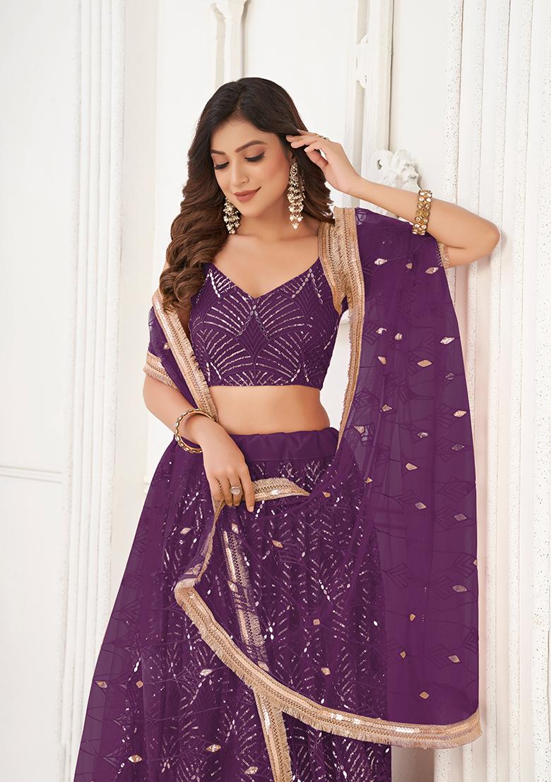 Wine Embroidery Net Lehenga Set - Indya