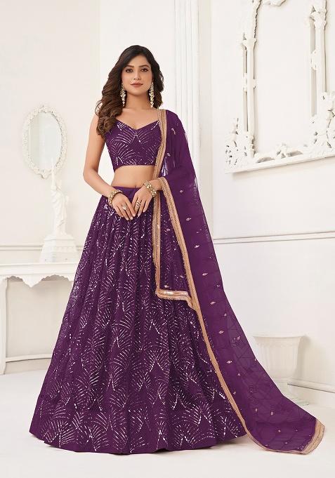 Wine Embroidery Net Lehenga Set