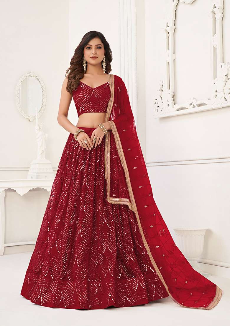 Maroon Net Lehenga Set with Embroidery for Diwali | Wedding & Festive Wear - Indya