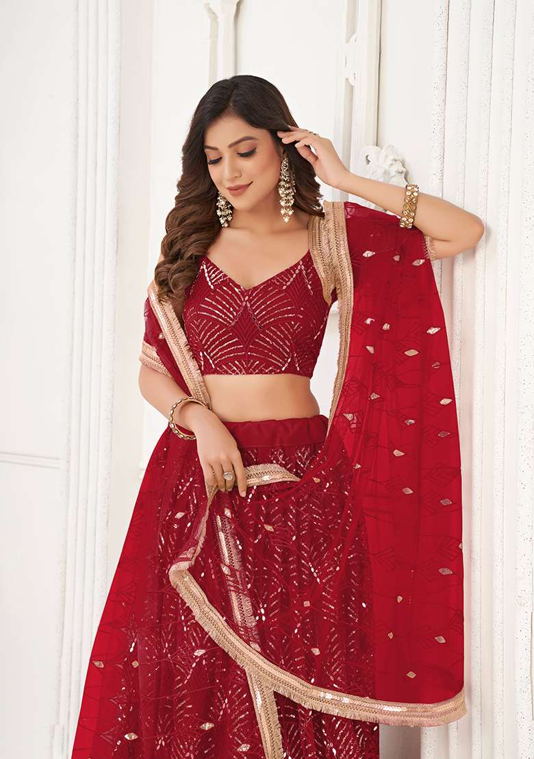 Maroon Net Lehenga Set with Embroidery for Diwali | Wedding & Festive Wear - Indya