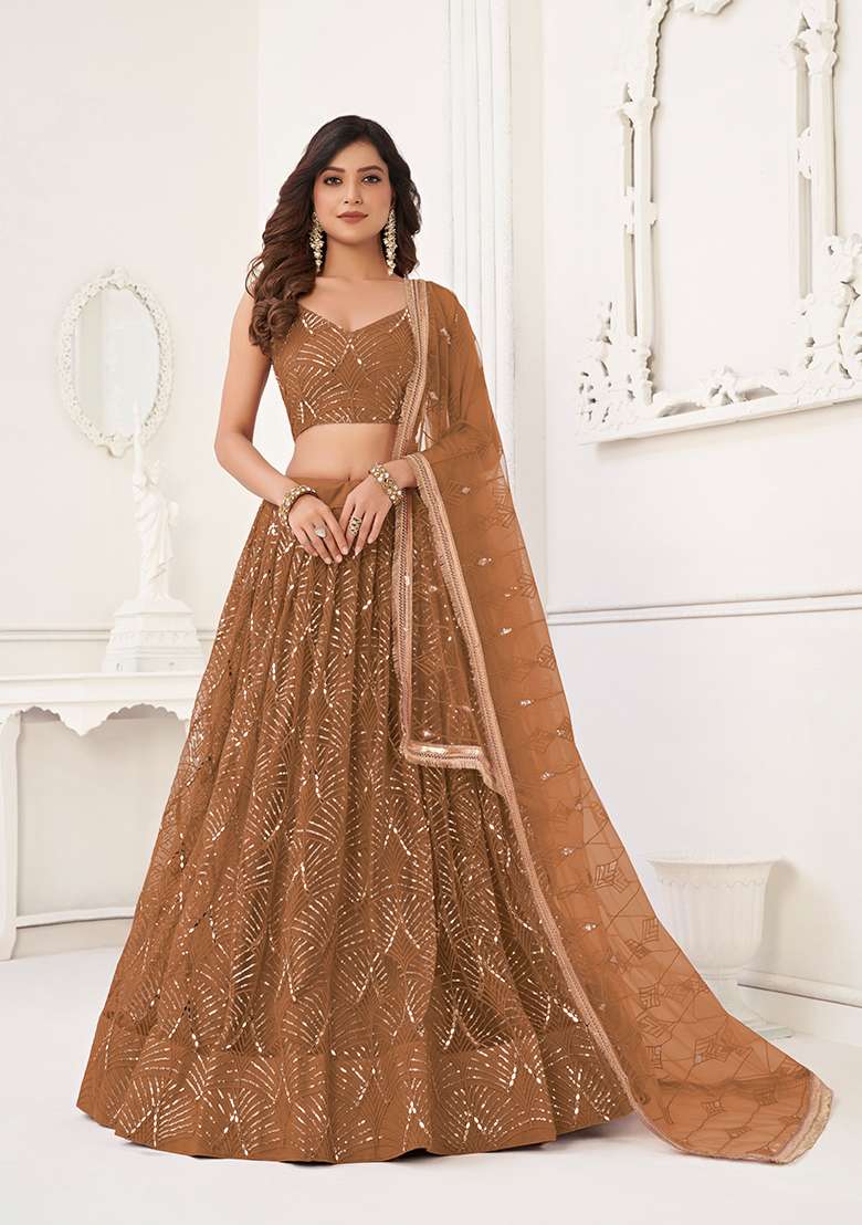 Brown Embroidery Net Lehenga Set for Diwali and Festive Wear - Indya