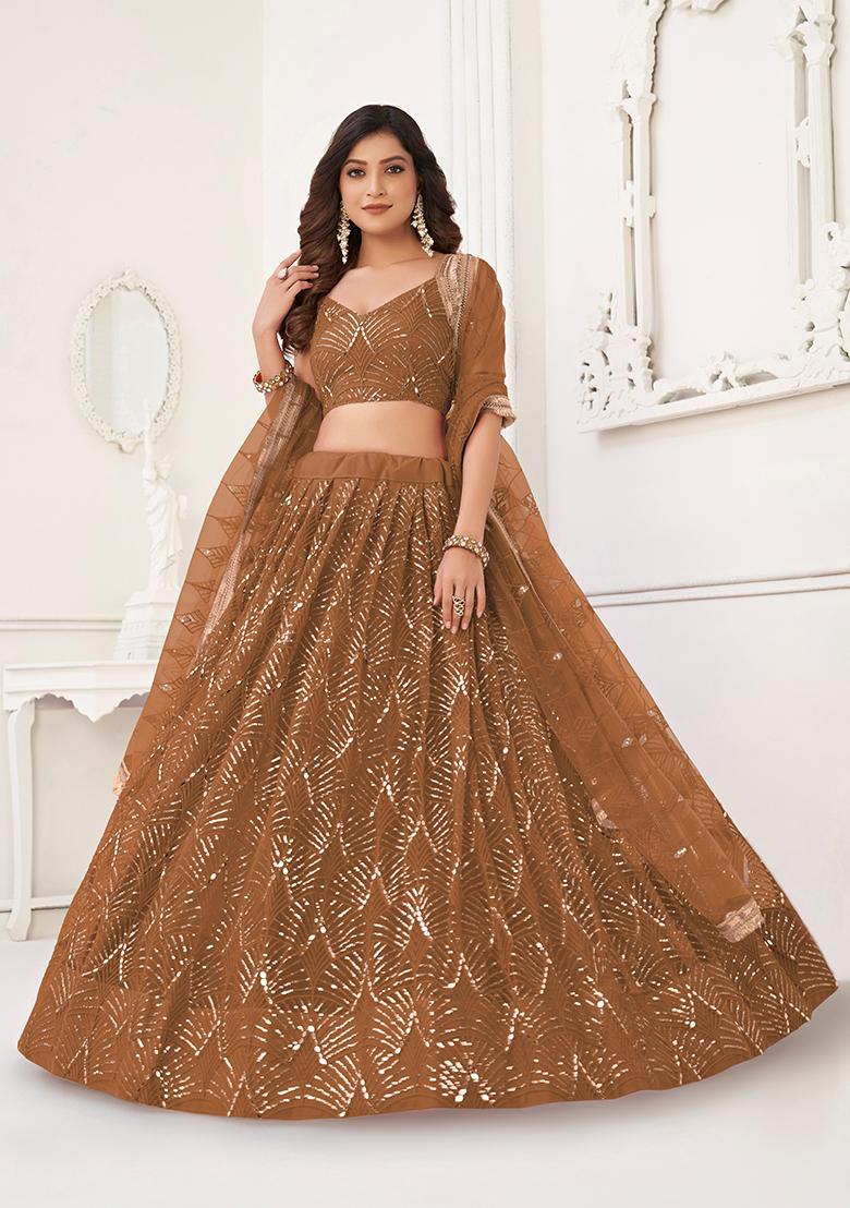Brown Embroidery Net Lehenga Set - Indya
